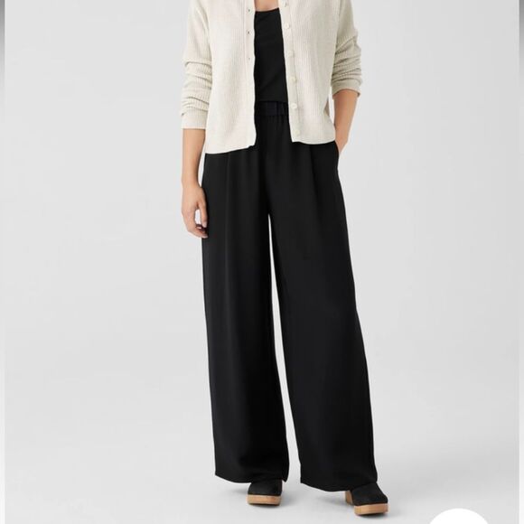 New Eileen Fisher, black silk elastic waisted  crepe wide leg pants - Picture 1 of 7